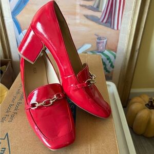 Red patent loafers